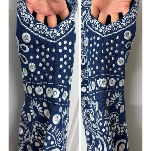 Alice + Olivia Rapunzel Mini Dress Embroidered Blue Denim Floral Dot Chambray 4 - Picture 13 of 15